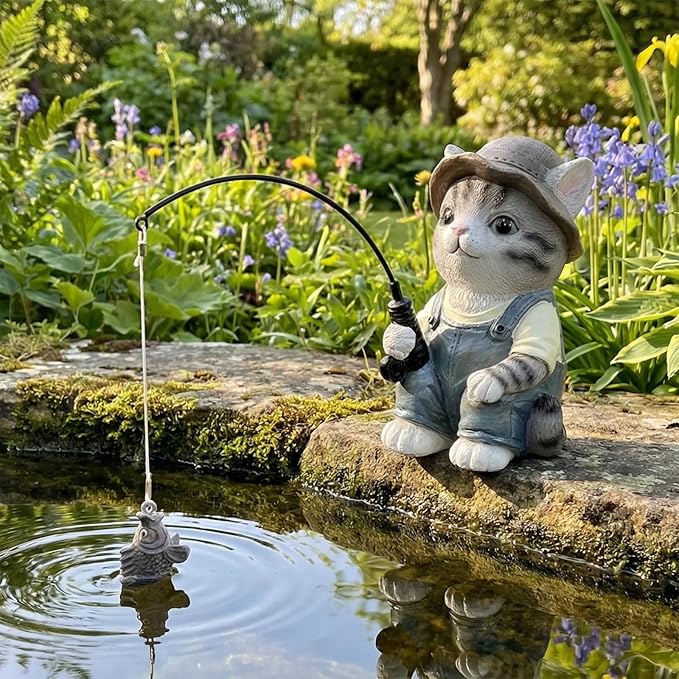GARDEN WHISPER Cat Statue Outdoor Koi Pond Garden Decoration, Grey Cat Decor for Yard 7.1'' Fishing Tabby Statue Outdoor Garden Decor, Fishing Guy for Waterfalls or Koi Pond Additioanl, Gifts for Mom