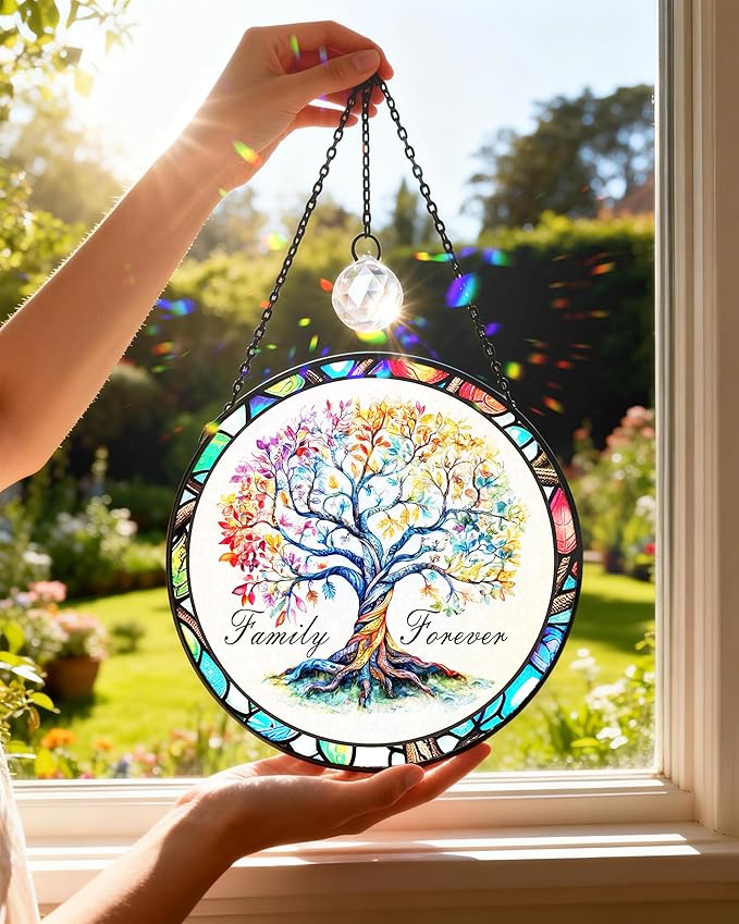 Tree of Life Stained Glass Window Hanging Family Tree Suncatcher for Door Home Decor Desk Decorations Gifts for Women (Glass-Family Forever, 7.8x7.8 in)