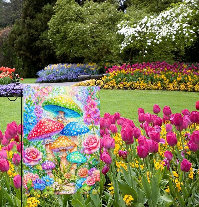 Spring Summer Garden Flag 12x18 Inch Double Sided Outside Colorful Mushroom Floral Flowers Outdoor Seasonal Holiday Welcome Yard Decoration