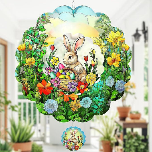 Easter Bunny Wind Spinners Outdoor Hanging Ornament Gifts, 12 inch 3D Eggs Easter Wind Kinetic Sculpture for Outdoor & Indoor, Yard Art, Garden Decoration