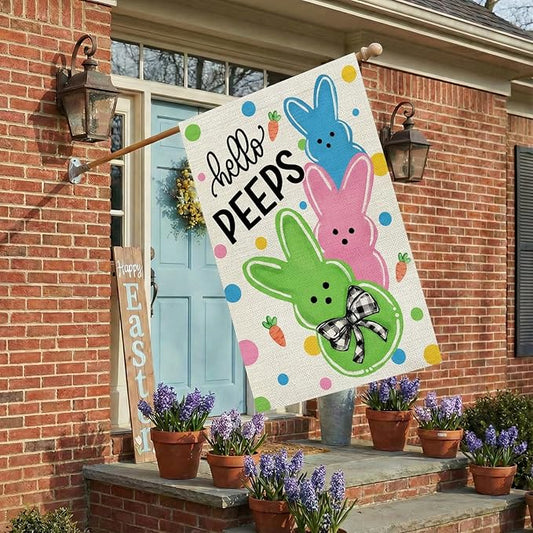 CROWNED BEAUTY Easter House Flag Peeps Bunny 28x40 Inch Double Sided Large Holiday Welcome Decoration for Outside Yard