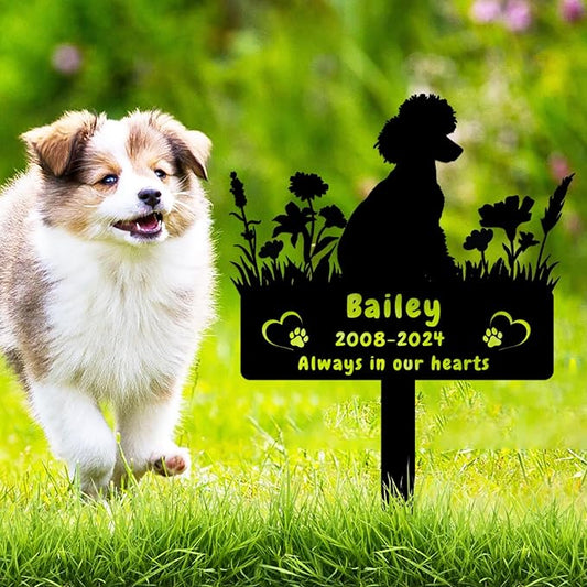 Custom Poodle Dog Memorial Grave Marker,Personalized Pet Dog Memorial Garden Stake,Flora Dog Memorial Plaque Burial Stake Engraved Sign,Dog Sympathy Grave Stake,Dog Statue Headstone