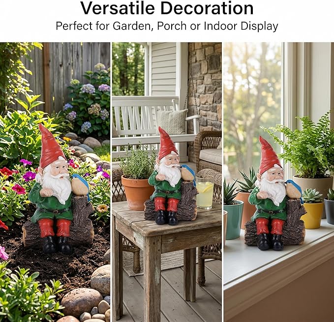 Topadorn Garden Gnome Statues with Bird Resin Sculpture Gnome Sitting on the Stump Outdoor Statues for Outdoor Garden Decor