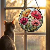 Stained Glass Suncatcher, Red Orange Poppy Flowers Sun Catcher Silver Background Wildflowers Window Hanging Decor Christmas Mother Birthday Gifts for Women Men Mom Nana 6.3 in