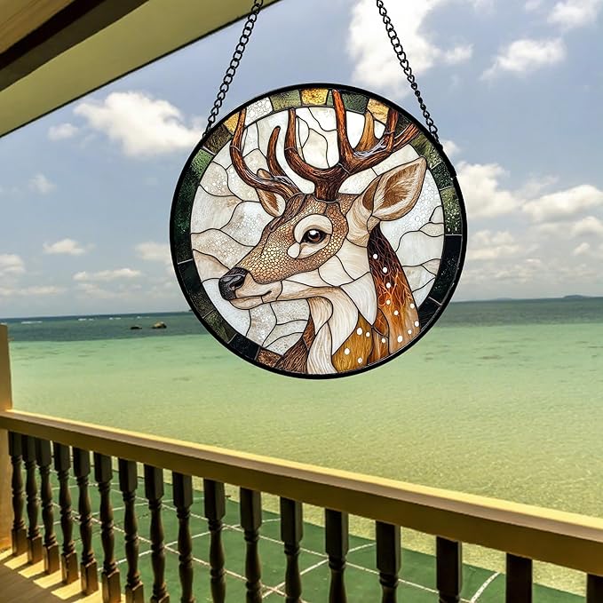 CHATYOUNG Stained Glass Window Hanging Elk Large 11.8" - Suncatcher Bedroom Door Garden Home Decor and Christmas Valentine for Grandma Nana Mom Women Wife Girlfriend Friend
