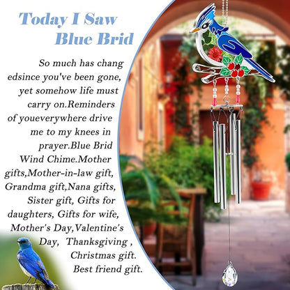KY&BOSAM Blue Bird Wind Chime with Crystal Sympathy Wind Spinner Memorial Wind Chimes for Loss of Loved One Bereavement Gift in Memory Memorial Gifts for Loss of Mother Father Husband Condolences Gift