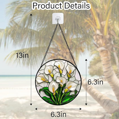 DASTOLL Stained Glass Window Hanging, White Calla Lily Suncatcher Diamond Glass Panel Hangings Flowers Sun Catchers Decor for Birthday for Women, Men, Wife, Aunt, and Mom 6.3 in