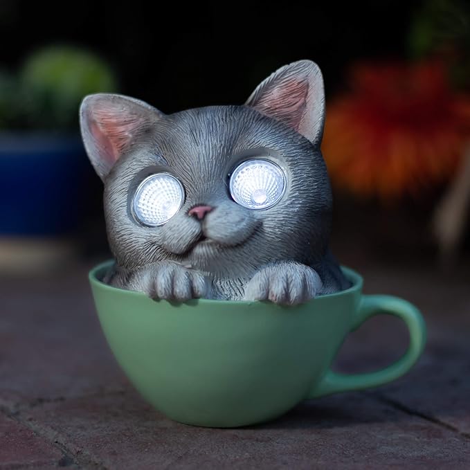 Blazin Cat Figurines | Solar LED Outdoor Garden Decor | Cat Statue Decor | Light Up Decorative Statue Accents Yard, Patio, Lawn, Deck (Grey, 1 Pack)