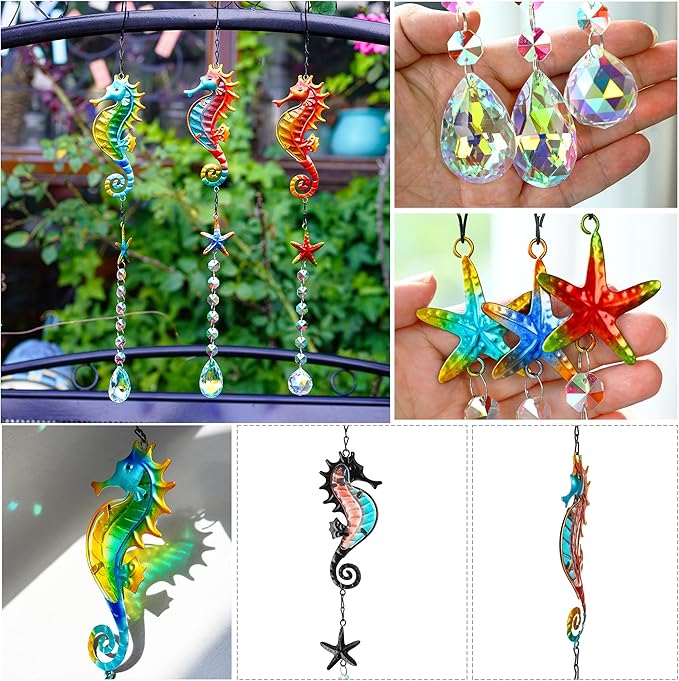 3PCS Seahorse & Starfish Crystal Suncatchers, Stained Glass Metal Hanging Sun Catcher Set with Colorful Crystal Prisms, Rainbow Maker Window Garden Patio Fence Décor