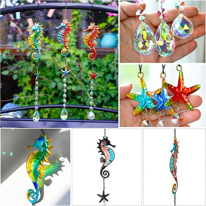 3PCS Seahorse & Starfish Crystal Suncatchers, Stained Glass Metal Hanging Sun Catcher Set with Colorful Crystal Prisms, Rainbow Maker Window Garden Patio Fence Décor