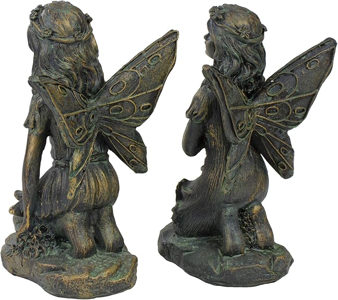 Northlight Set of 2 Bronze Kneeling Fairies with Flowers and a Butterfly Outdoor Garden Statues - 7"