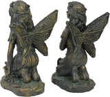 Northlight Set of 2 Bronze Kneeling Fairies with Flowers and a Butterfly Outdoor Garden Statues - 7"