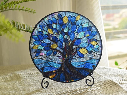 Stained Glass Window Hangings, Tree of Life with Hummingbird Suncatchers for Window, Treasured Gift for Mom, Grandma, Family and Friends (Blue, 6.7x6.7 in)