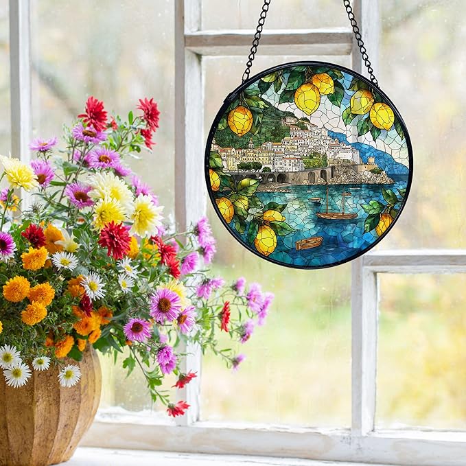 Italian Lemon Amalfi Coast Suncatchers Stained Glass Window Hanging, Lemon Kitchen Decor, Summer Mediterranean Sun Catchers Indoor Window Glass Round Wall Decor, 7.9x7.9in