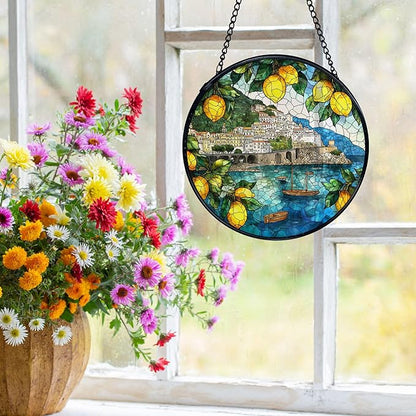 Italian Lemon Amalfi Coast Suncatchers Stained Glass Window Hanging, Lemon Kitchen Decor, Summer Mediterranean Sun Catchers Indoor Window Glass Round Wall Decor, 7.9x7.9in