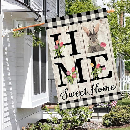 ORTIGIA Easter Bunny House Flag Double Sided 28x40 Inch Burlap Rabbit Spring Tulip Home Sweet Home Large Flag for Yard Holiday Seasonal Outdoor Outside Porch Decoration