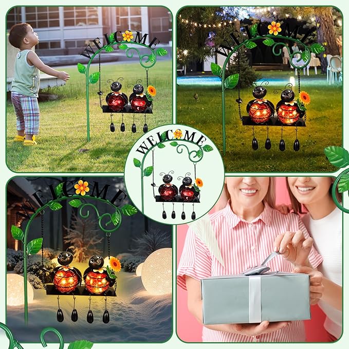 Glooglitter Ladybug Swing Solar Light Metal Summer Ladybug Hanging Animal Lady Bugs Live Garden Decorative Gift with Welcome Sign Waterproof Solar Outdoor Lights for Patio Balcony Pathway Lawn Yard