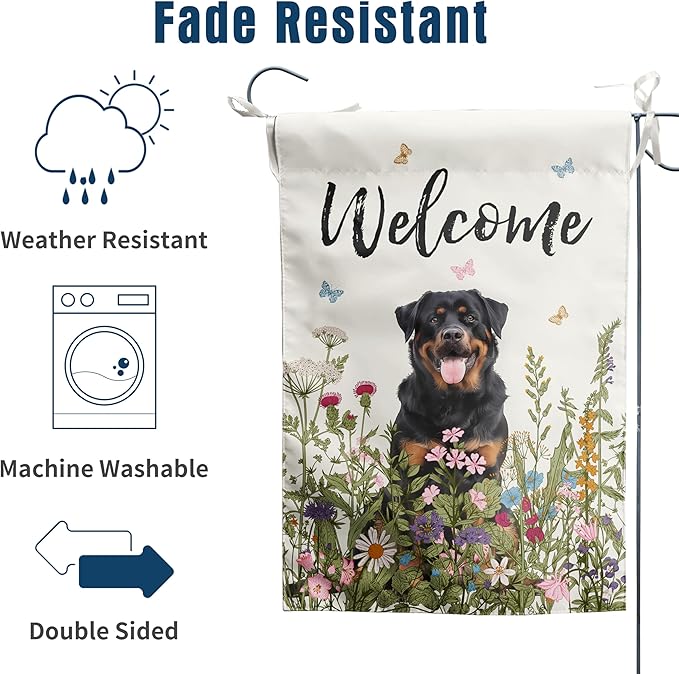 Floral Rottweiler Garden Flag Spring Summer House Flags 28 x 40 Double Sided Flower Dog Yard Flags for Outside Large Outdoor Welcome Flags