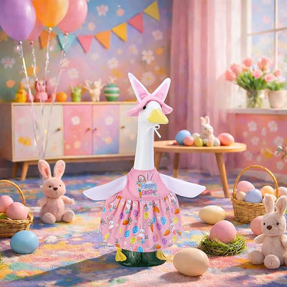 Watayo 2 Pcs/Set Easter Bunny Porch Goose Outfits, Spring Easter Rabbit Lawn Goose Clothing Costume, Garden Goose Clothes Pink Dress and Bunny Ears Hat for 23" High Statue Outdoor Patio Yard Decor