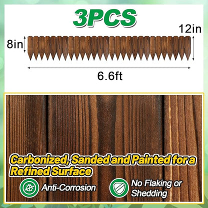 Rustic Pine Wood Garden Fence - 19.8ft Total Length (3pcs 6.6ft L*12in H) Easy to Install Sturdy Wooden Landscape Edging Border, No Fading Planter Fencing for Yard Flower Bed Lawns Pathway Tree