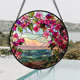 Stained Glass Window Hanging, Purple Flower Landscape Wreath Sun Catcher for Door Home Decor Plants Flowers Suncatcher Christmas Mother's Day Birthday Gifts for Women Men Mom Nana 6.3 in