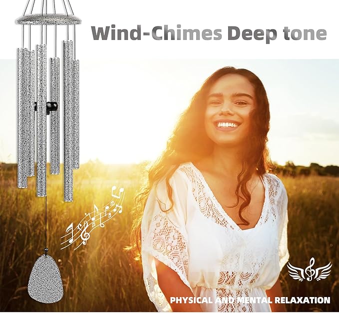 FSVGYY Wind-Chimes-Outdoor-Deep-Tone, Large Soothing Melodic Tones Windchimes, Wind Chimes for Outside, Memorial Wind Chime Best Gift for Mom Women Grandma Neighbors(32" Silver Coated Aluminum)