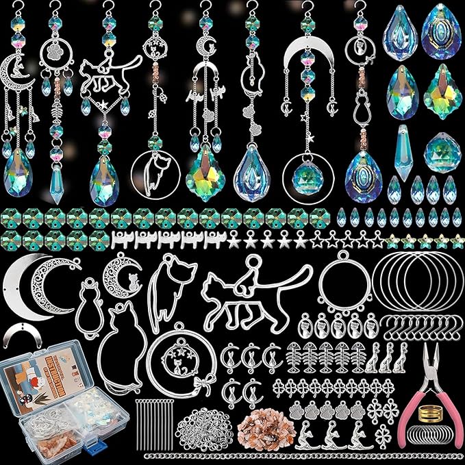 DIY Suncatchers, 450 pcs Sun Catchers Making Supplies Kit Art and Crafts for Adults Prism Hanging Decorative Suncatcher with Crystals Rainbow Maker for Indoor Windows Office Home Decor (Cat)