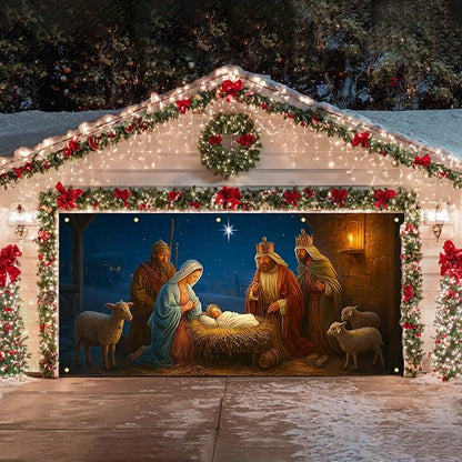 HOMETITUTE Nativity Scene Garage Door Banner 13x6ft Baby Jesus Backdrop with light Animals Stable Religious Christmas Yard Decor for Outdoor Wall Mural Holiday Display