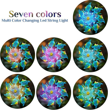 Solar Wind Spinners Outdoor, 51" Waterproof Metal Stake Tropical Fish Sculpture with 7 Color LED Lights 360° Rotating Kinetic Solar Windmill for Yard Garden Lawn Patio Decor