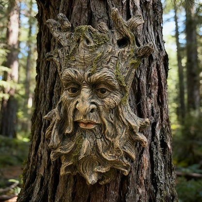 Tree Face Statue Outside Yard Outdoor Decoration, Fairy Tree Face Decor and Yard Decorations Accessory, Whimsical Wallmount Old Man Art with Moss, Fence Hanging Sculpture Orantments, 6.7" x 9.8" Gift