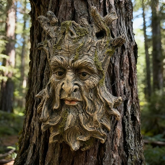 Tree Face Statue Outside Yard Outdoor Decoration, Fairy Tree Face Decor and Yard Decorations Accessory, Whimsical Wallmount Old Man Art with Moss, Fence Hanging Sculpture Orantments, 6.7" x 9.8" Gift