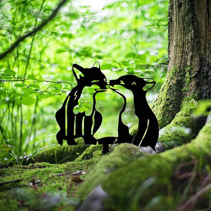 Adorable Fox Stake Decoration, Metal Yard Art Animal Stake Black Fox Silhouette Statues for Yard Lawn Outdoor Decorations (2PCS)