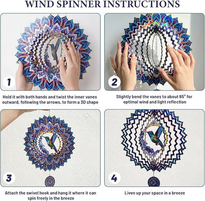 Hummingbird Mandala Wind Spinner, IDEA SHOW 12In 3D Kinetic Metal Wind Spinners, Hummingbird Gift for Women, Mom, Garden & Yard Decor Outdoor/Indoor Decoration, Dynamic Art Hanging Sculpture (12In)