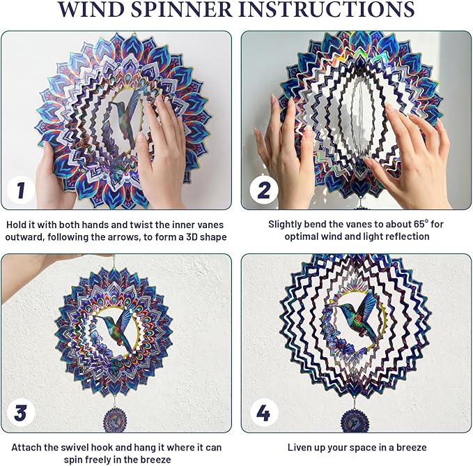 Hummingbird Mandala Wind Spinner, IDEA SHOW 10In 3D Kinetic Metal Wind Spinners, Hummingbird Gift for Women, Mom, Garden & Yard Decor Outdoor/Indoor Decoration, Dynamic Art Hanging Sculpture (10In)
