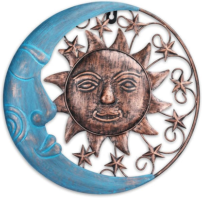 VCUTEKA Sun Face Metal Wall Art Decor Outdoor Sun Moon Patio Garden Fence Deck Yard Pool Wall Sculpture Decoration for Living Room Bedroom Colorful