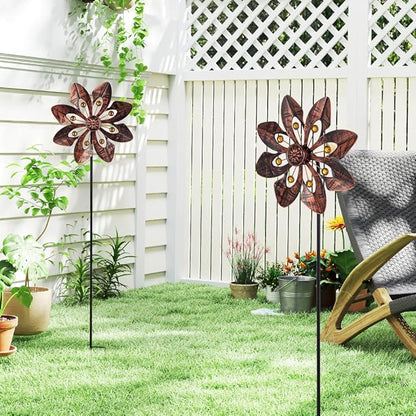 VEWOGARDEN 2 Pack Wind Spinners Outdoor, Metal Wind Spinner with Flower Design for Yard Garden Lawn Decorations, Antique Bronze