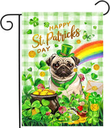 Pug St Patricks Day Garden Flag Dog St Patrick's Day Yard Flags for Outside 12x18 Double Sided Buffalo Plaid Shamrock Flag Small Outdoor Rainbow St Patrick's Decor