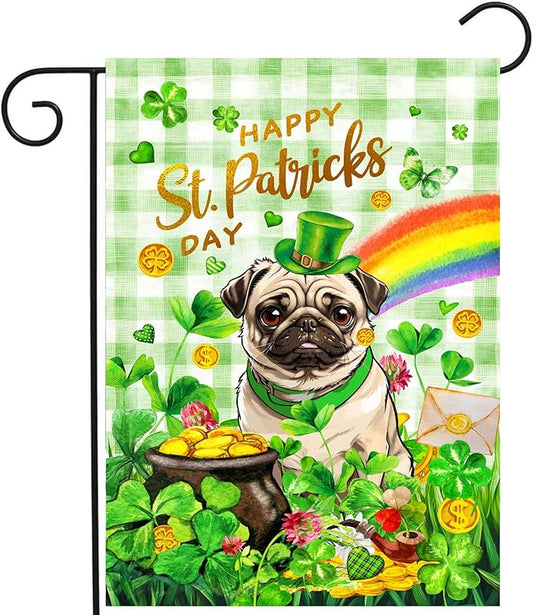 Pug St Patricks Day Garden Flag Dog St Patrick's Day Yard Flags for Outside 12x18 Double Sided Buffalo Plaid Shamrock Flag Small Outdoor Rainbow St Patrick's Decor