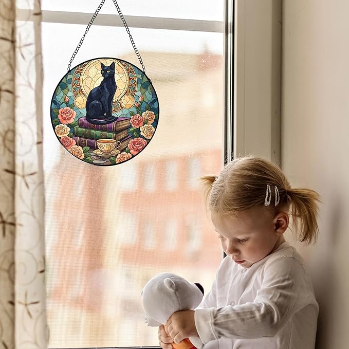 Black Cat Floral Book Stained Glass Window Hanging, Black cat suncatcher,Beautiful Flowers Book Lovers Stained Glass Suncatcher, Book Reader Gifts Round Wall Hanging Decor, 7.9x7.9in