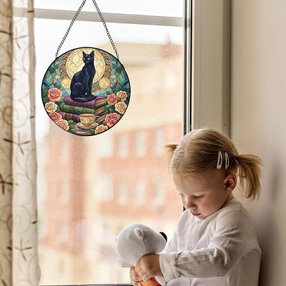 Black Cat Floral Book Stained Glass Window Hanging, Black cat suncatcher,Beautiful Flowers Book Lovers Stained Glass Suncatcher, Book Reader Gifts Round Wall Hanging Decor, 7.9x7.9in