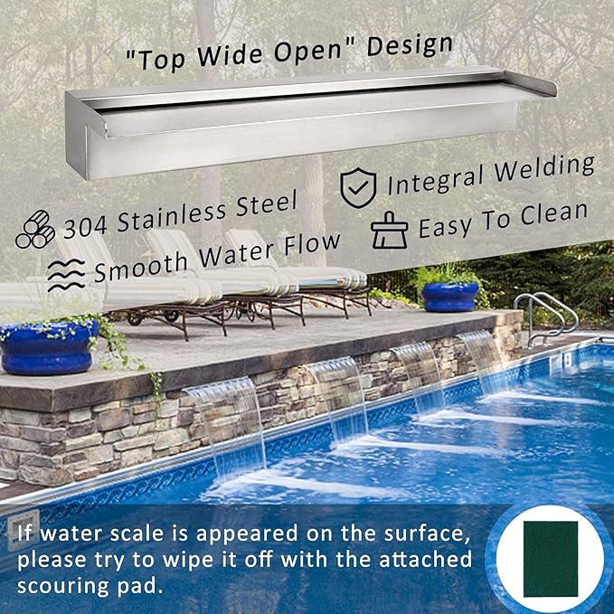 Pondo 12" Waterfall Pool Fountain, 304 Stainless Steel Pond Waterfall Spillway with Wider Water Flow Platform, Professional Spray for Sheer Descent Garden Outdoor
