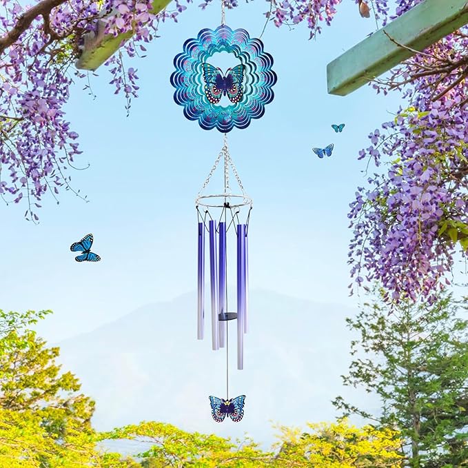 Wind Chimes for Outside with Butterfly Wind Spinner, Valentines Day Birthday Gifts for Women Mom Friends Sisters Teacher, Windchimes Outdoor Decor Patio Garden Yard Butterflies Decorations