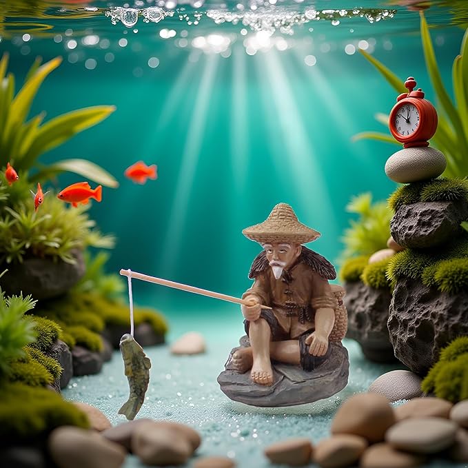 Mini Fisherman Figurines Resin Sitting Fishing Men, Garden Statue Ornament Fish Tank Micro Landscape Decor Garden Sculptures and Statues, Decorations