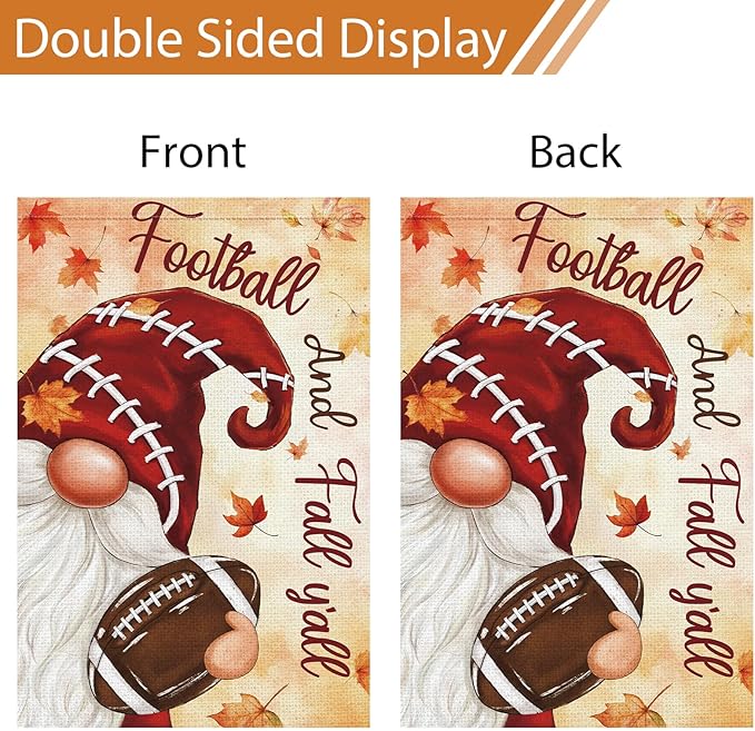 Heyfibro Football and Fall Y'all Gnome Garden Flag 12x18 Double Sided Burlap, Maple Leave Rugby Sports Events Yard Flags for Thanksgiving Rustic Seasonal Autumn Outdoor Decoration (ONLY FLAG)