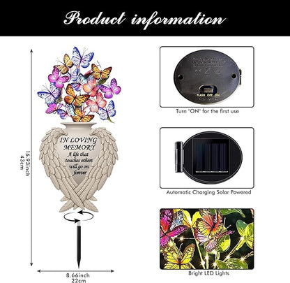 Solar Angel Wing Memorial Stake - Metal Silhouette Grave Decorations for Cemetery - Flat Outdoor Sympathy Gift with Butterfly Lights & Flowers - Bereavement Decor for Loss of Mom Dad（with Flowers))