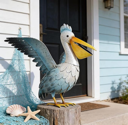 Ratuor Metal Pelican Garden Statue Outdoor Decor, Metal Yard Art Decoration Coastal Bird Garden Decor Lawn Ornament for Porch Patio