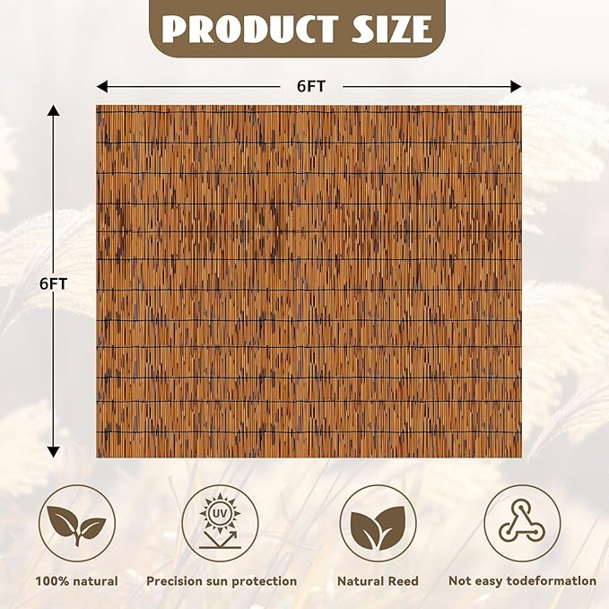 KOIUEYW Bamboo Privacy Fence, Light Russet Bamboo Reed Fencing 6ft High, Decorative Reed Rolls Privacy Screens for Patio Garden Balcony Backyard Outdoor, 6 x 6 FT