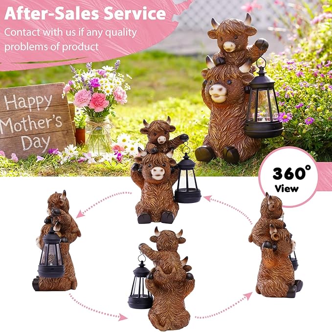 Solar Highland Cow Garden Decor - Resin Cow Statue with Solar Lantern Outdoor Yard Patio Decor - Ideal Gifts for Women,Mom Men (Copper)