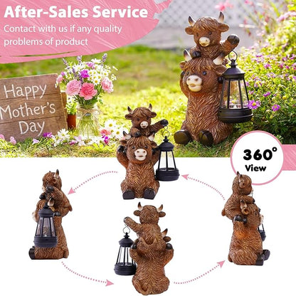 Solar Highland Cow Garden Decor - Resin Cow Statue with Solar Lantern Outdoor Yard Patio Decor - Ideal Gifts for Women,Mom Men (Copper)
