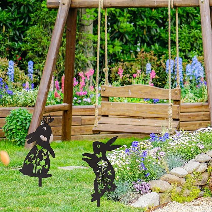 2pcs Easter Bunny Garden Stakes, Metal Rabbit Garden Decor Bunny Statue for Yard Animal Sculpture Decor Welcome Sign for Indoor Outdoor Patio Lawn